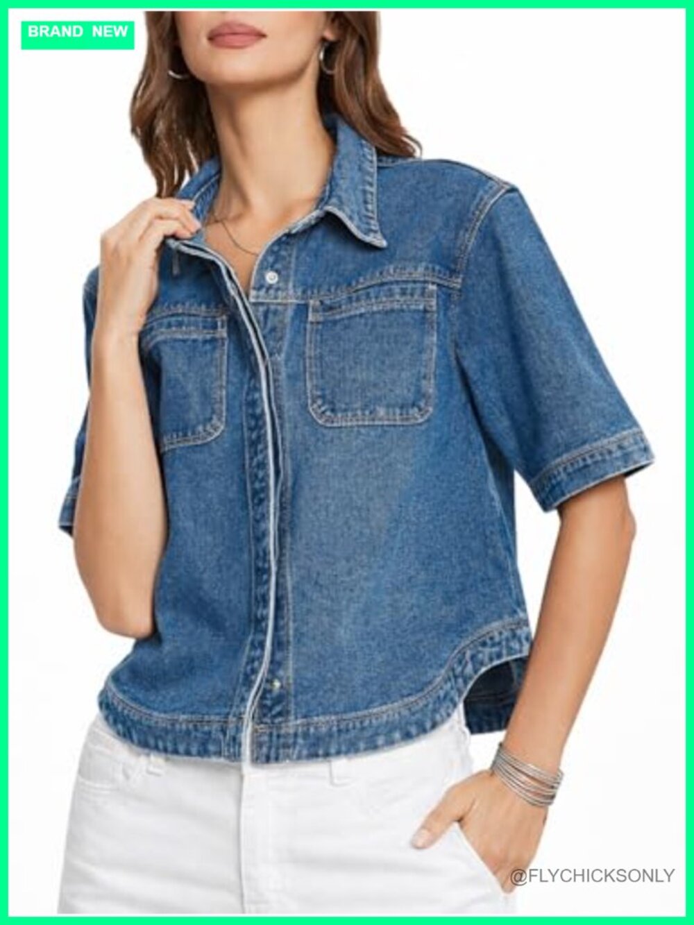 Kedera Women Short Sleeve Button Down Denim Shirt Casual Jean Top Shacket